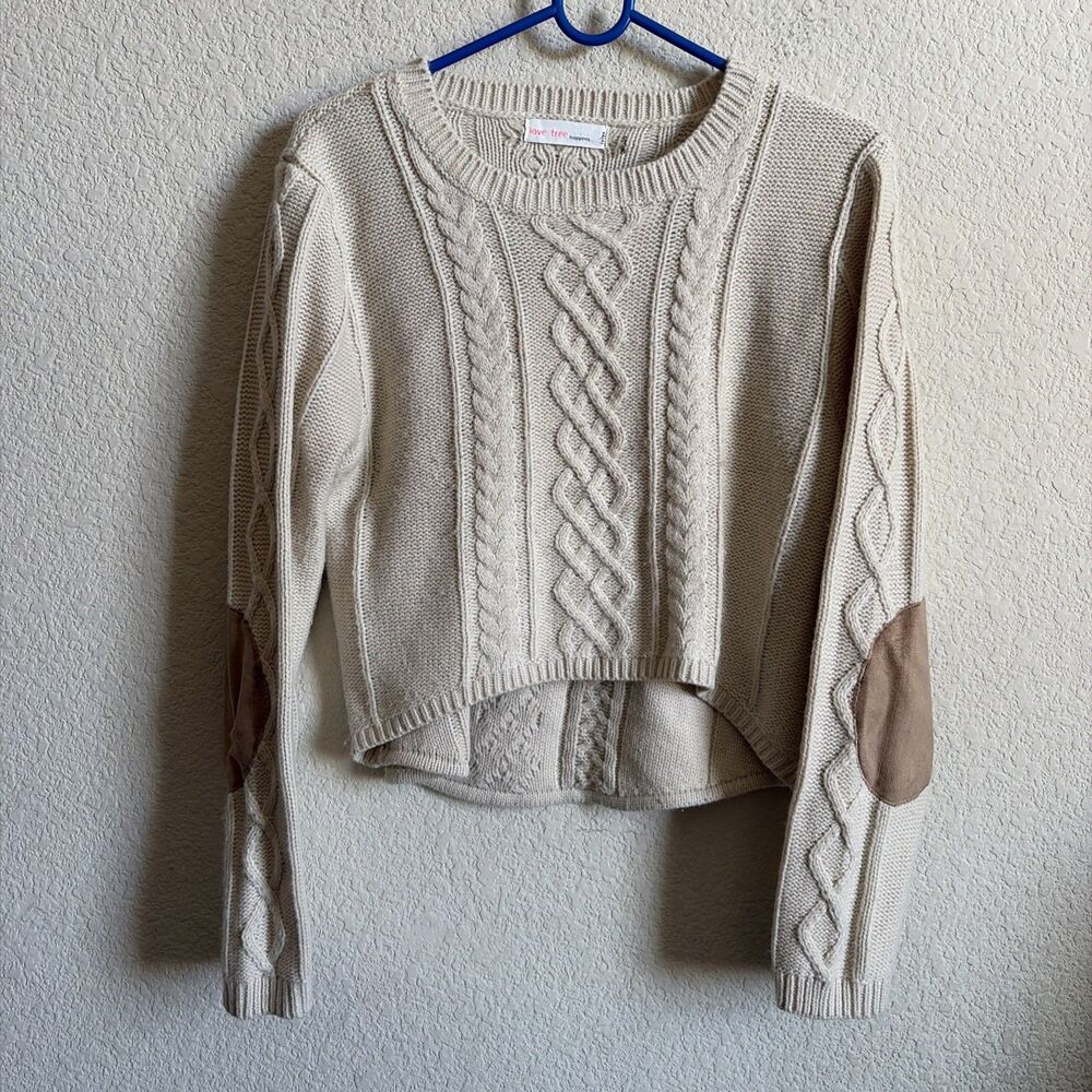 Chunky Cable Knit Crop Fisherman Sweater Elbow Patches Equestrian Sexy Preppy L